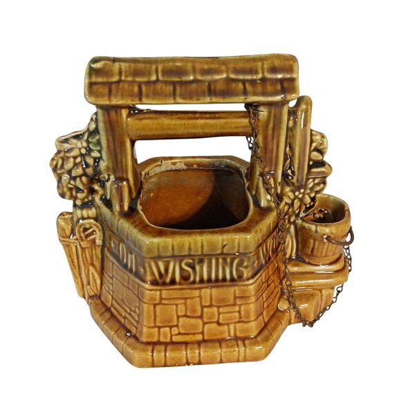Mccoy Other - McCoy Wishing Well Planter Brown Glaze With Bucket & Chain Decor